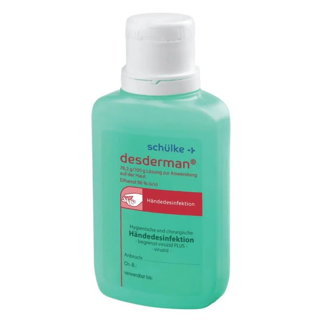 A bottle of Schülke desderman® hand sanitizer with a turquoise label and white cap, featuring text and graphics indicating its use for virucidal hand disinfection, contains 78.2 g of ethanol per