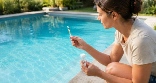 Frau misst den pH-Wert ihres Pools mit einem Teststreifen am Beckenrand bei sonnigem Wetter.