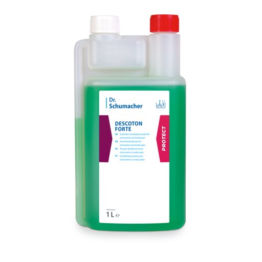Eine 1-Liter-Klarsichtflasche der Dr. Schumacher GmbH Dr. Schumacher DESCOTON FORTE, grüne Flüssigkeit zur Instrumentendesinfektion, ist mit einem weiß-violetten Etikett und einer roten Kappe auf der Dosierkammer versehen.