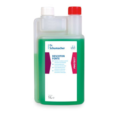 A 1-liter clear bottle of Dr. Schumacher GmbH Dr. Schumacher DESCOTON FORTE, green liquid for instrument disinfection, is provided with a white-purple label and a red cap on the dosing chamber.