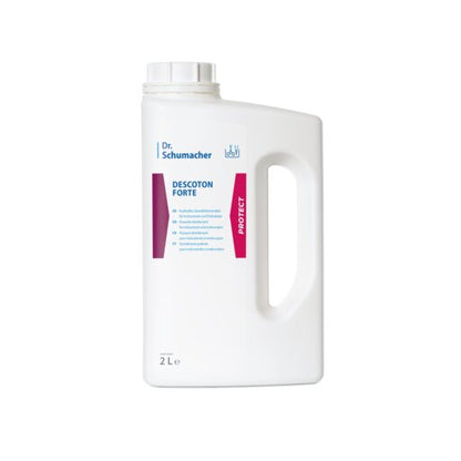 Pictured is a white 2-liter plastic bottle of Dr. Schumacher GmbH DESCOTON FORTE instrument disinfectant with a handle and screw cap, blue and magenta label, on a white background.