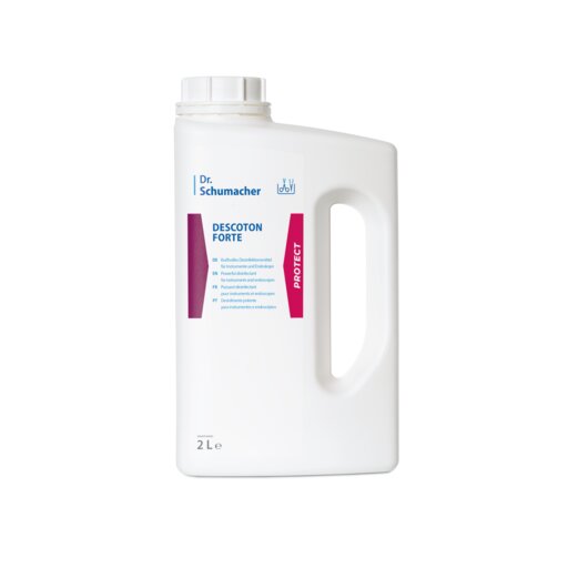 Abgebildet ist eine weiße 2-Liter-Kunststoffflasche der Dr. Schumacher GmbH DESCOTON FORTE Instrumentendesinfektionsmittel mit Griff und Schraubverschluss, blauem und magentafarbenem Etikett, auf weißem Hintergrund.
