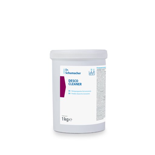 Dr. Schumacher DESCO CLEANER in weißem Kunststoffbehälter (1 kg) der Dr. Schumacher GmbH mit blauer Schrift, lila Designelement und weißem Schraubdeckel. Geeignet für alle Oberflächen und sorgt für streifenfreie Ergebnisse.