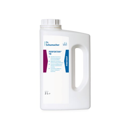 A white 2-liter plastic container with a handle and screw cap from Dr. Schumacher GmbH with the inscription "Dr. Schumacher PERFEKTAN TB Instrument Disinfection" is adorned on the front with blue and maroon graphics and product information.