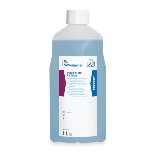 The 1-liter plastic bottle Dr. Schumacher PERFEKTAN® ENZYME from Dr. Schumacher GmbH for the enzymatic cleaning of medical instruments has a white cap, a blue liquid, and a label with blue-violet accents and product information.