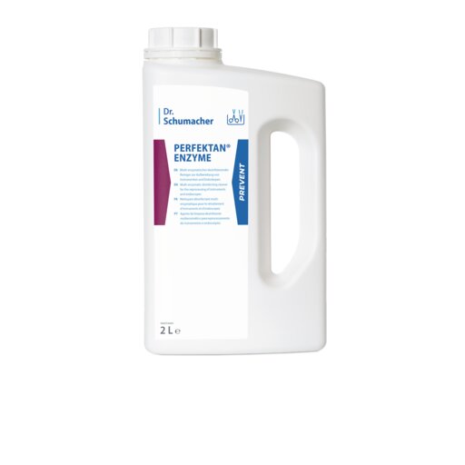 A white 2-liter plastic container from Dr. Schumacher GmbH with PERFEKTAN® ENZYME cleaner for the enzymatic cleaning of medical instruments, with a handle and screw cap; the label shows blue and violet text and graphics on a white background.
