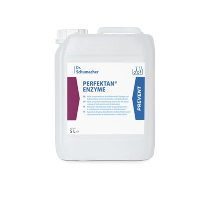 A 5-liter container made of white plastic with a handle and the inscription "Dr. Schumacher PERFEKTAN® ENZYME" in blue and violet lettering from Dr. Schumacher GmbH. The label describes it as a disinfectant for the enzymatic cleaning of medical instruments.