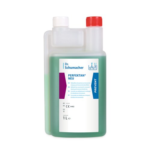 Eine 1-Liter-Kunststoffflasche der Dr. Schumacher GmbH PERFEKTAN® NEU mit grüner Flüssigkeit, rotem Verschluss und weißem Etikett - perfekt für die Oberflächendesinfektion in hygienischen Umgebungen.