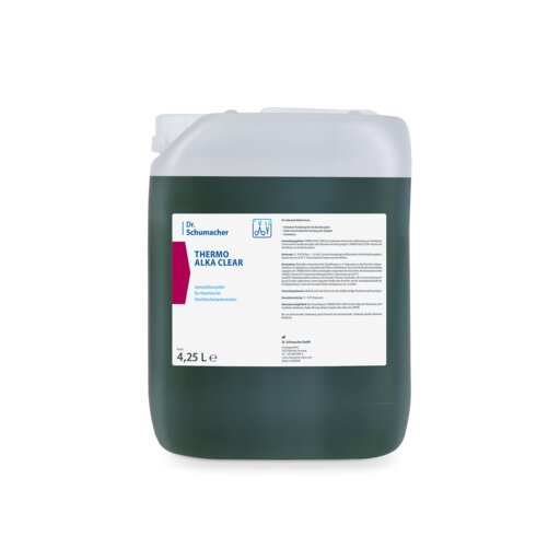 Der 4250 ml große Dr. Schumacher THERMO ALKA CLEAR Kanister der Dr. Schumacher GmbH verfügt über ein weißes Etikett mit Produktinformation und Branding und sorgt für hygienische Reinheit bei thermischen Desinfektionsgeräten.