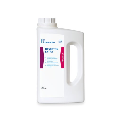 A white 2-liter plastic container with a screw cap and handle, labeled with "Dr. Schumacher DESCOTON EXTRA disinfectant" by Dr. Schumacher GmbH, shows blue and red product information on a white background.