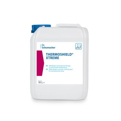 A white 10-liter plastic container with a blue lid and the inscription "Dr. Schumacher THERMOSHIELD® XTREME" (by Dr. Schumacher GmbH), with German product information and a symbol for automatic processing - ideal for industrial surface coating and surface protection.