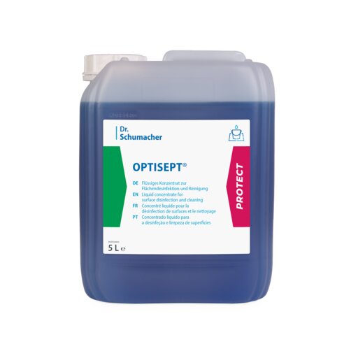 A 5-liter plastic container of Dr. Schumacher OPTISEPT® Disinfectant Cleaner by Dr. Schumacher GmbH with blue liquid and multilingual white label for effective surface disinfection and cleaning.