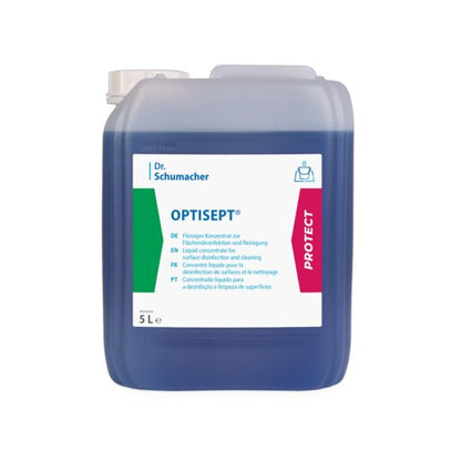 A 5-liter plastic container of Dr. Schumacher OPTISEPT® Disinfectant Cleaner by Dr. Schumacher GmbH with blue liquid and multilingual white label for effective surface disinfection and cleaning.