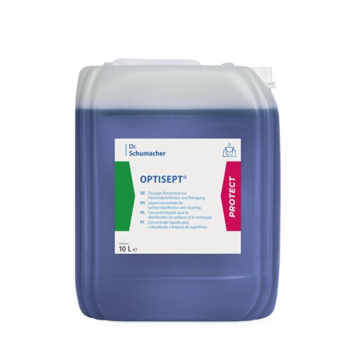 A 10-liter container of OPTISEPT® Disinfectant Cleaner by Dr. Schumacher GmbH with blue liquid, white label with multilingual information, and a red, bold "PROTECT" section, is ideal for effective surface disinfection.