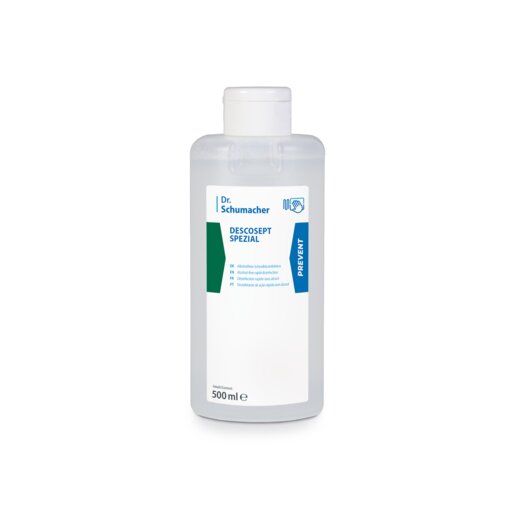 Eine 500-ml-Klarsichtflasche der Dr. Schumacher GmbH mit der Aufschrift "Dr. Schumacher Descosept Spezial, Schnelldesinfektion", mit weißem Verschluss und blau-grün akzentuiertem Etikett, ideal für die alkoholfreie Schnelldesinfektion von medizinischem Inventar.