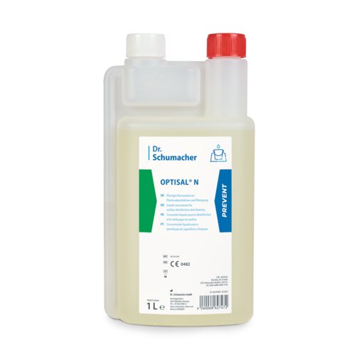 1-Liter-Flasche Dr. Schumacher OPTISAL® N Desinfektionsmittel mit roter Kappe und Messkammer. Das Etikett hat mehrsprachige Angaben und einen blauen PREVENT-Streifen, ideal für die schonende Reinigung von Medizinprodukten. Marke: Dr. Schumacher GmbH.