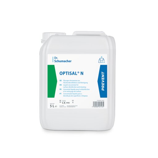 Ein weißer 5L-Kunststoffbehälter mit der Aufschrift "Dr. Schumacher OPTISAL® N" der Dr. Schumacher GmbH, der für die schonende Reinigung und Desinfektion von Medizinprodukten entwickelt wurde. Das Etikett ist mehrsprachig und hat einen blauen "PREVENT"-Streifen auf der rechten Seite.