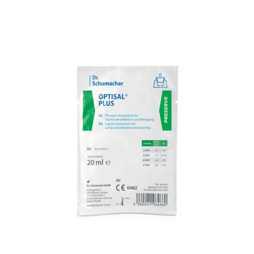Der weiße 20-ml-Beutel "Dr. Schumacher Optisal® Plus Desinfektionsreiniger" der Dr. Schumacher GmbH mit grünen und blauen Akzenten dient der Flächendesinfektion und enthält eine Anleitung in deutscher und englischer Sprache.