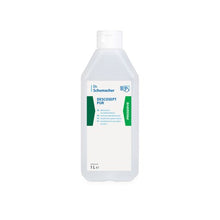 A 1L plastic bottle of Dr. Schumacher DESCOSEPT PUR, rapid disinfection by Dr. Schumacher GmbH, with a white label with green and blue accents and a white cap. Ideal for medical inventory; upright on a white background.