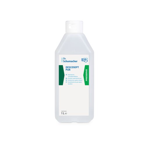 Eine 1L Plastikflasche Dr. Schumacher DESCOSEPT PUR, Schnelldesinfektion von Dr. Schumacher GmbH, mit weißem Etikett mit grünen und blauen Akzenten und weißem Verschluss. Ideal für medizinisches Inventar; aufrecht auf weißem Hintergrund.