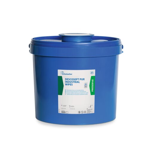 Die Dr. Schumacher DESCOSEPT PUR INDUSTRIAL WIPES der Dr. Schumacher GmbH kommen in einem großen blauen Kunststoffbehälter mit Deckel, enthalten 400 Tücher für die Maschinen- und Werkzeugpflege und sind mit Sicherheits- und Produktinformationen auf dem Etikett versehen.