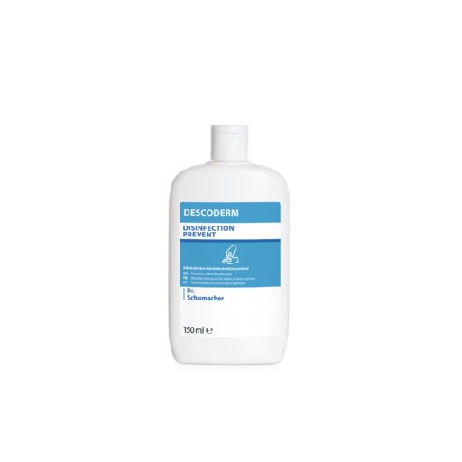 Eine weiße 150-ml-Flasche Dr. Schumacher Descoderm Industrial Handdesinfektion der Dr. Schumacher GmbH mit einem blau-weißen Etikett steht aufrecht auf einem schlichten weißen Hintergrund.