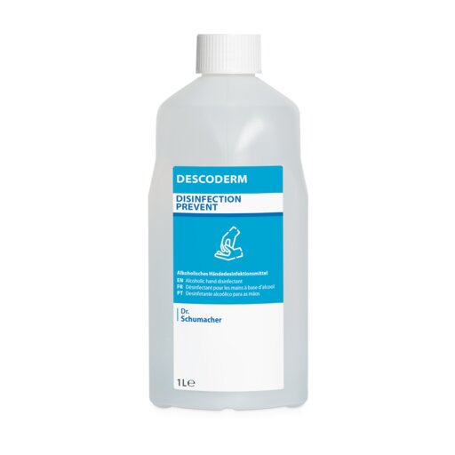 Eine 1-Liter-Plastikflasche mit der Aufschrift "Dr. Schumacher Descoderm Industrial Handdesinfektion" der Dr. Schumacher GmbH, mit blau-weißem Etikett, parfümfrei, alkoholisches Desinfektionsmittel für die Handdesinfektion.