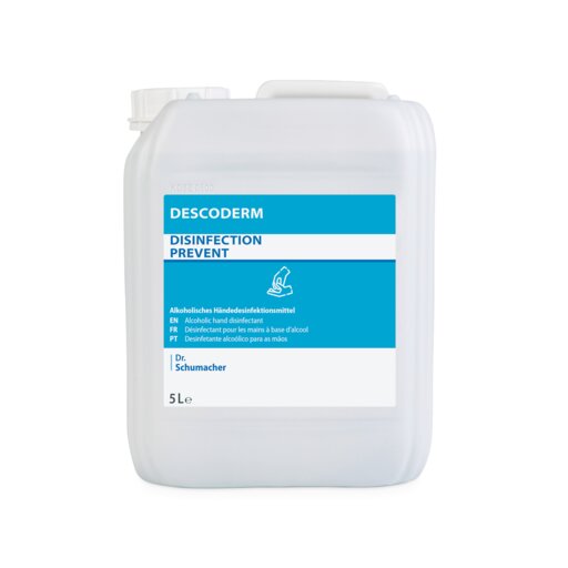 Ein 5-Liter-Behälter aus weißem Kunststoff mit der Aufschrift "Dr. Schumacher Descoderm Industrial Handdesinfektion" der Dr. Schumacher GmbH, mit Angaben in Englisch, Französisch und Portugiesisch; ein parfümfreies, alkoholisches Desinfektionsmittel zur effektiven Händedesinfektion.