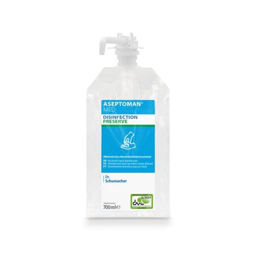 Transparenter 700-ml-Nachfüllbeutel von Dr. Schumacher ASEPTOMAN® MED der Dr. Schumacher GmbH mit weißem Verschluss und blau-weißem Etikett, das auf ein alkoholisches Händedesinfektionsmittel für den medizinischen Gebrauch hinweist.
