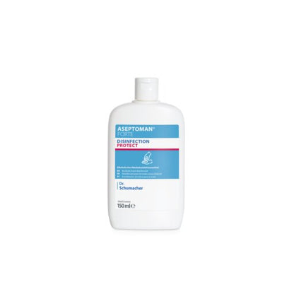 The Dr. Schumacher Aseptoman® forte hand disinfectant from Dr. Schumacher GmbH in the white 150 ml plastic bottle with a blue-pink label and flip-top closure contains a virucidal and skin-friendly liquid.
