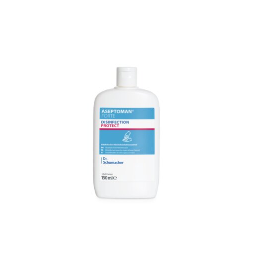 Das Dr. Schumacher Aseptoman® forte Händedesinfektionsmittel der Dr. Schumacher GmbH in der weißen 150-ml-Kunststoffflasche mit blau-rosa Etikett und Flip-Top-Verschluss enthält eine viruzide und hautfreundliche Flüssigkeit.