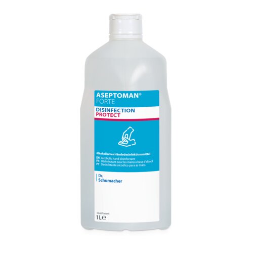 A 1-liter clear bottle of Dr. Schumacher Aseptoman® forte hand disinfectant from Dr. Schumacher GmbH, an alcoholic, virucidal and skin-friendly hand disinfectant with a blue-red label with safety symbols.
