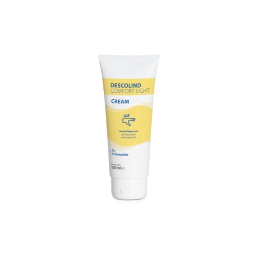 Die weiß-gelbe 100-ml-Tube der Dr. Schumacher DESCOLIND COMFORT LIGHT CREAM der Dr. Schumacher GmbH steht aufrecht auf einem schlichten weißen Hintergrund, ideal als Pflegecreme für empfindliche Haut, die intensive Feuchtigkeit spendet.