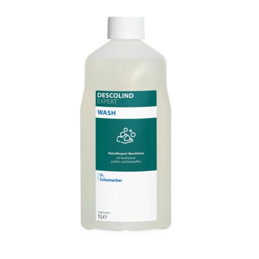 Eine 1-Liter-Plastikflasche der Dr. Schumacher GmbH DESCOLIND EXPERT WASH, eine hypoallergene Hautreinigungslösung, mit weißem Verschluss und grün-weißem Etikett.
