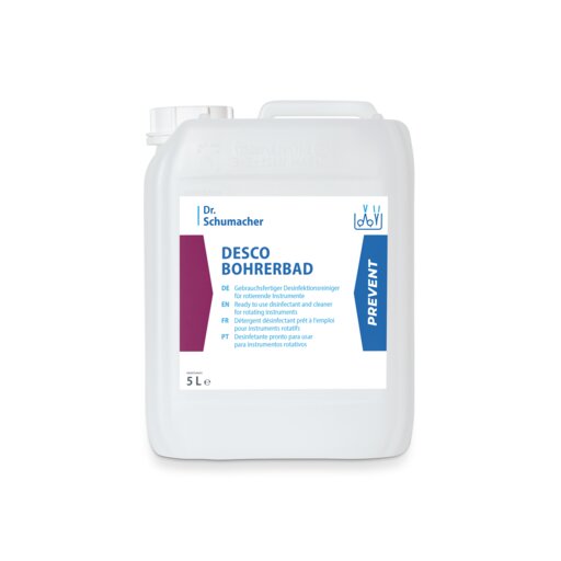 5-Liter-Behälter aus weißem Kunststoff von Dr. Schumacher DESCO BOHRERBAD der Dr. Schumacher GmbH zur Reinigung und Desinfektion von zahnärztlichen Instrumenten, mit blauen und lila Akzenten und mehrsprachiger Anleitung.