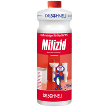 Die 750 ml Flasche Dr. Schnell MILIZID KALKREINIGER der DR.SCHNELL GmbH & Co. KGaA mit rot-weißem Etikett und Badmotiv ist ein kraftvoller Entkalker für die Reinigung von Bad und Toilette.
