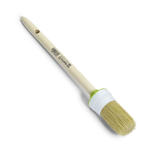 Der Nölle Profi Brush Industrie-Ringpinsel verfügt über einen runden Holzgriff mit Loch am Ende, helle Borstenmischung und ist in Industriequalität gefertigt. Ein grüner Ring akzentuiert die Basis.