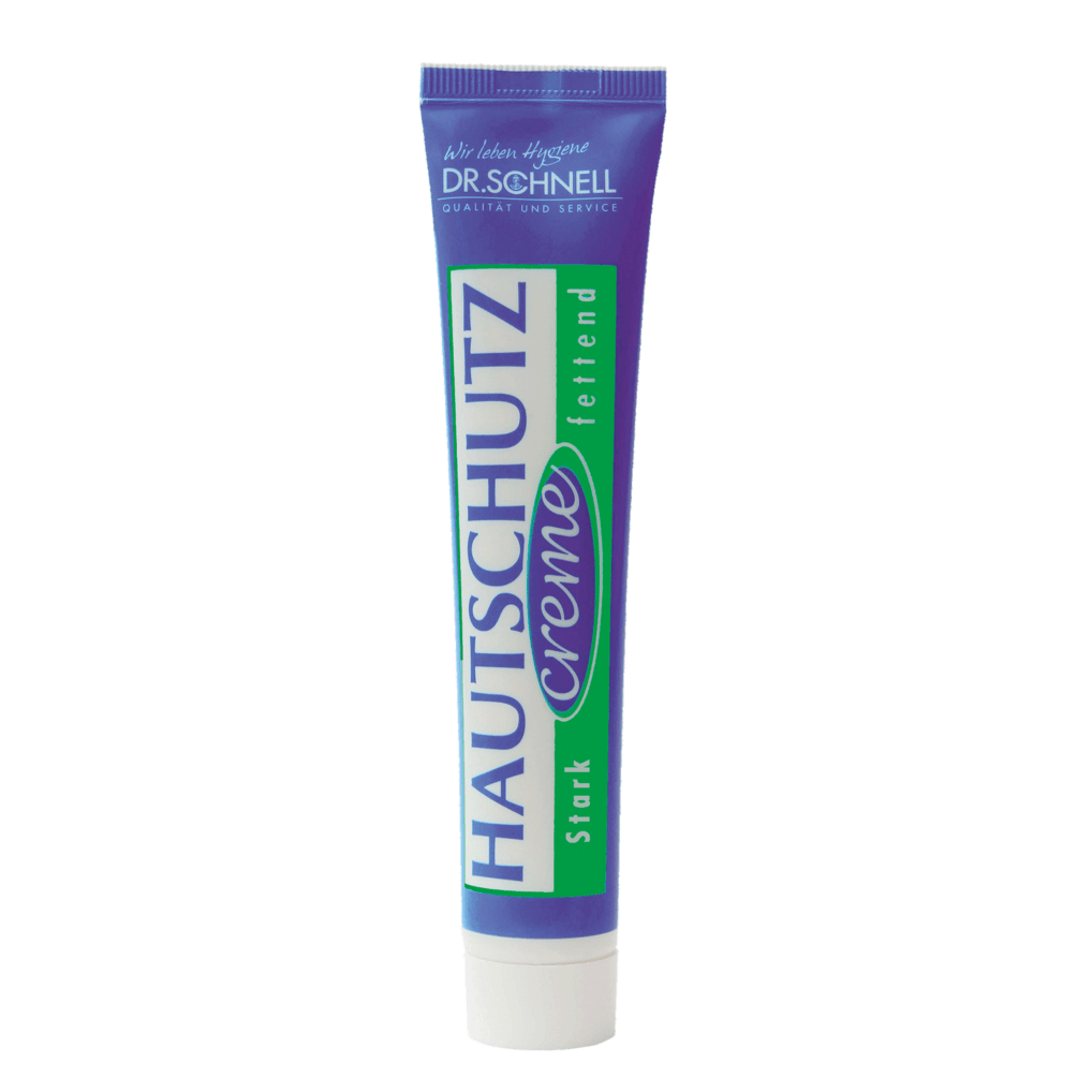 A purple-green tube of DR.SCHNELL's SKIN PROTECTION CREAM (50 tubes of 50 ml each) from DR.SCHNELL GmbH & Co. KGaA stands upright against a plain, light background, with the brand name at the top.
