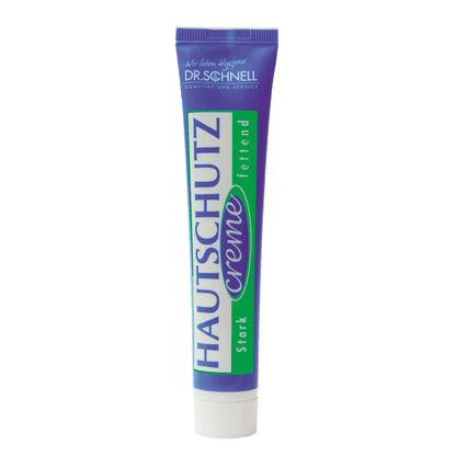 A purple-green tube of DR.SCHNELL's SKIN PROTECTION CREAM (50 tubes of 50 ml each) from DR.SCHNELL GmbH & Co. KGaA stands upright against a plain, light background, with the brand name at the top.
