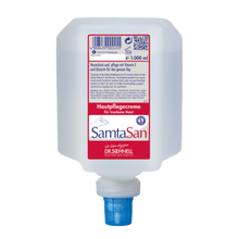 Die 1.000 ml Dr. Schnell SAMTASAN Spenderflaschen von DR.SCHNELL GmbH & Co. KGaA verfügt über ein rot-weißes deutsches Etikett, eine blaue Düse und ist ideal für die professionelle Reinigung und den Einsatz mit Reinigungswerkzeugen.