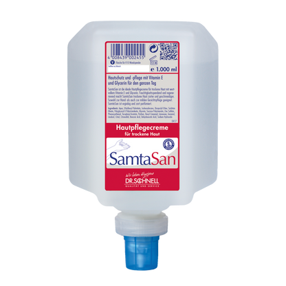 Die 1.000 ml Dr. Schnell SAMTASAN Spenderflaschen von DR.SCHNELL GmbH & Co. KGaA verfügt über ein rot-weißes deutsches Etikett, eine blaue Düse und ist ideal für die professionelle Reinigung und den Einsatz mit Reinigungswerkzeugen.