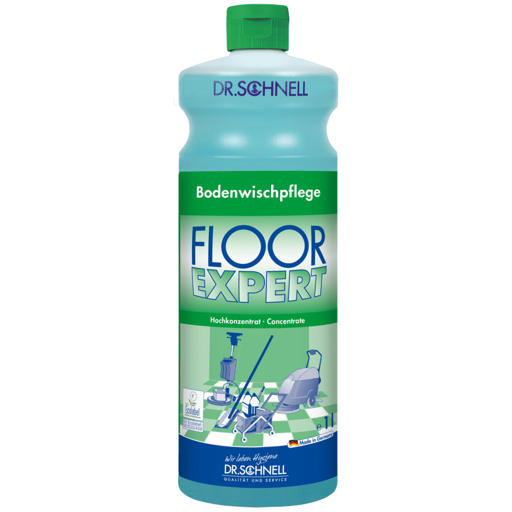 A green-blue bottle of DR.SCHNELL GmbH & Co. KGaA Dr. Schnell FLOOR EXPERT floor cleaner concentrate shows a German text on the label and images of people cleaning floors.