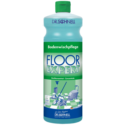 A green-blue bottle of DR.SCHNELL GmbH & Co. KGaA Dr. Schnell FLOOR EXPERT floor cleaner concentrate shows a German text on the label and images of people cleaning floors.