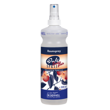 Eine 500ml Flasche DR.SCHNELL DUFTSPRAY EXOTIC FLAIR von DR.SCHNELL GmbH & Co. KGaA, ideal für orientalische Raumfrische in der Gebäudereinigung, abgebildet mit floralem blau-weißem Etikett und klarem Sprühkopf auf weißem Grund.