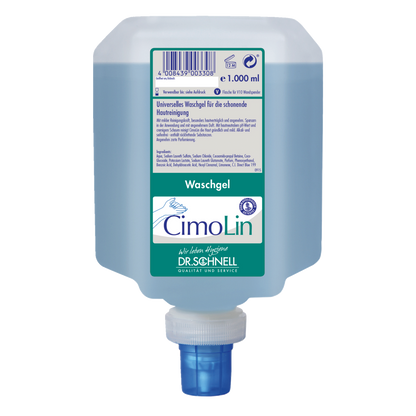 Eine 1.000 ml Dr. Schnell CIMOLIN Spenderflaschen Hautreinigung der DR.SCHNELL GmbH & Co. KGaA, blaues Waschgel mit weiß-blauem Etikett und Spenderkappe, für die sanfte Hautpflege und Reinigung.