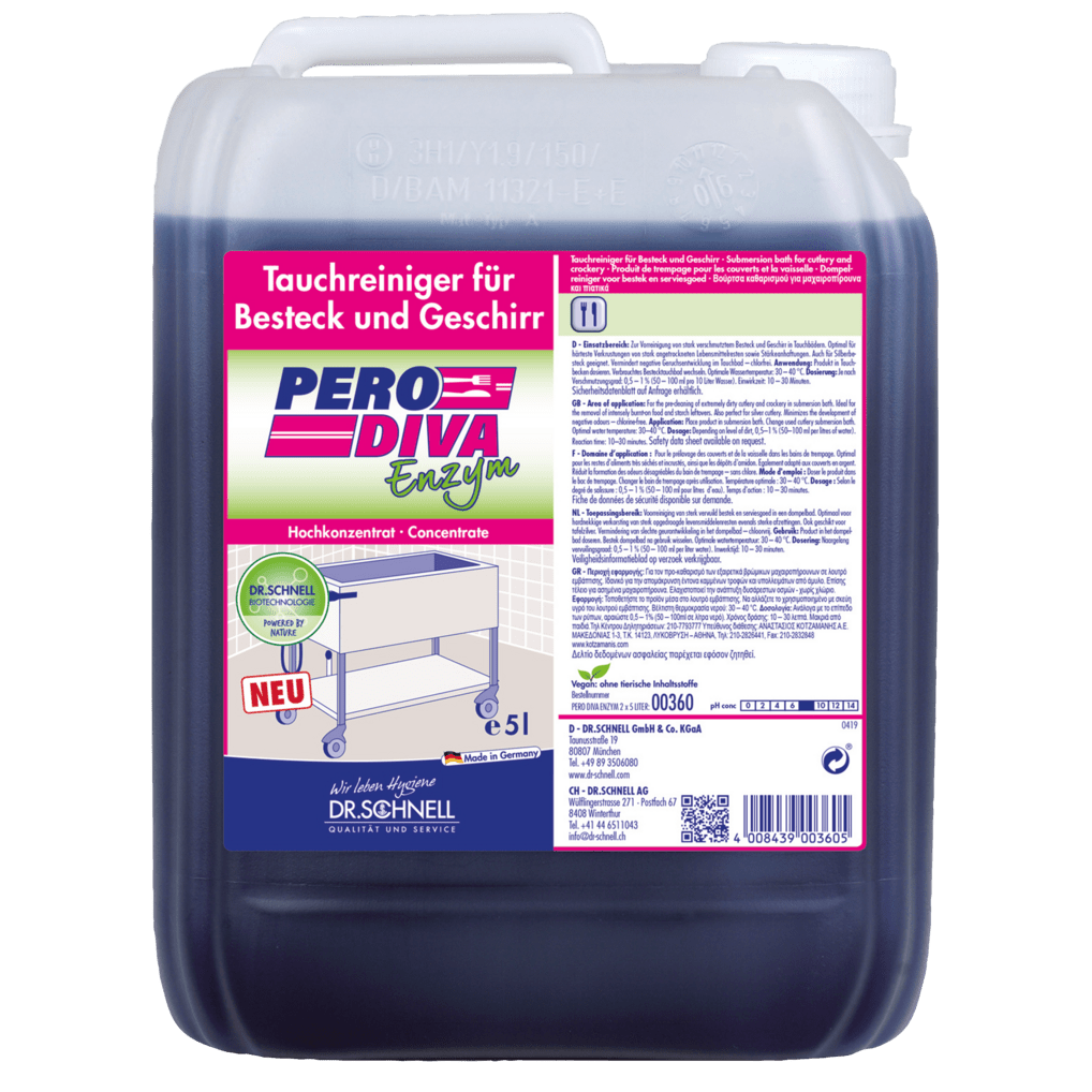 Ein 5-Liter-Kanister Dr. Schnell PERO DIVA ENZYM Tauchbadreiniger von DR.SCHNELL GmbH & Co. KGaA, konzipiert für die Küchen- und Lebensmittelhygiene - ideal für makelloses Besteck und Geschirr, mit deutscher Info und einem Tischdiagramm auf dem Etikett.