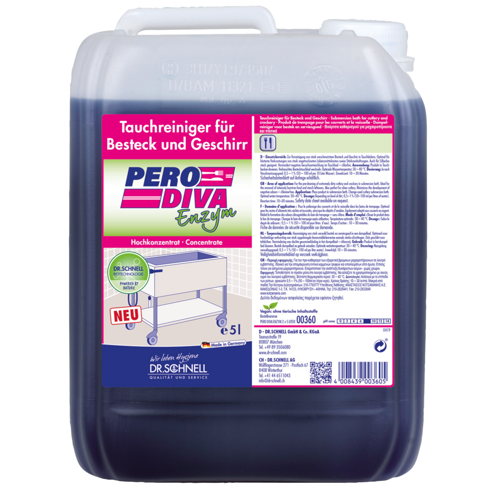Ein 5-Liter-Kanister Dr. Schnell PERO DIVA ENZYM Tauchbadreiniger von DR.SCHNELL GmbH & Co. KGaA, konzipiert für die Küchen- und Lebensmittelhygiene - ideal für makelloses Besteck und Geschirr, mit deutscher Info und einem Tischdiagramm auf dem Etikett.