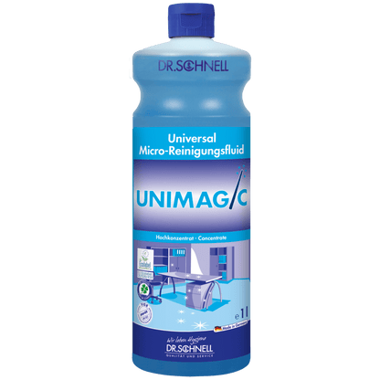 A blue 1-liter bottle of Dr. Schnell UNIMAGIC universal cleaner from DR.SCHNELL GmbH & Co. KGaA with a blue cap and a label with product details and cleaning symbols.