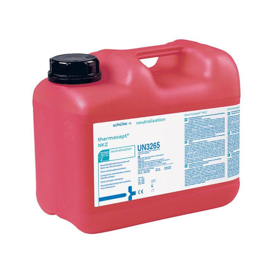 Der Schülke thermosept NKZ Instrumentenreiniger, ein roter Kunststoffbehälter der Schülke & Mayr GmbH, verfügt über einen schwarzen Schraubverschluss und ein großes Etikett. Mit der Klassifizierung „UN3265“ ist es ideal für medizinische Einrichtungen und weist auf ätzendes Material hin, das für Materialverträglichkeit und Neutralisierung geeignet ist.