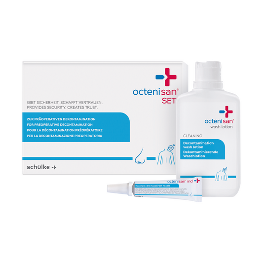 Das Schülke octenisan® Set der Schülke & Mayr GmbH beinhaltet eine Waschlotion und Nasengel (2-teilig) in blau-weißer Verpackung mit mehrsprachiger Info – ideal für die präoperative Dekontamination. 1 Packung (Set).